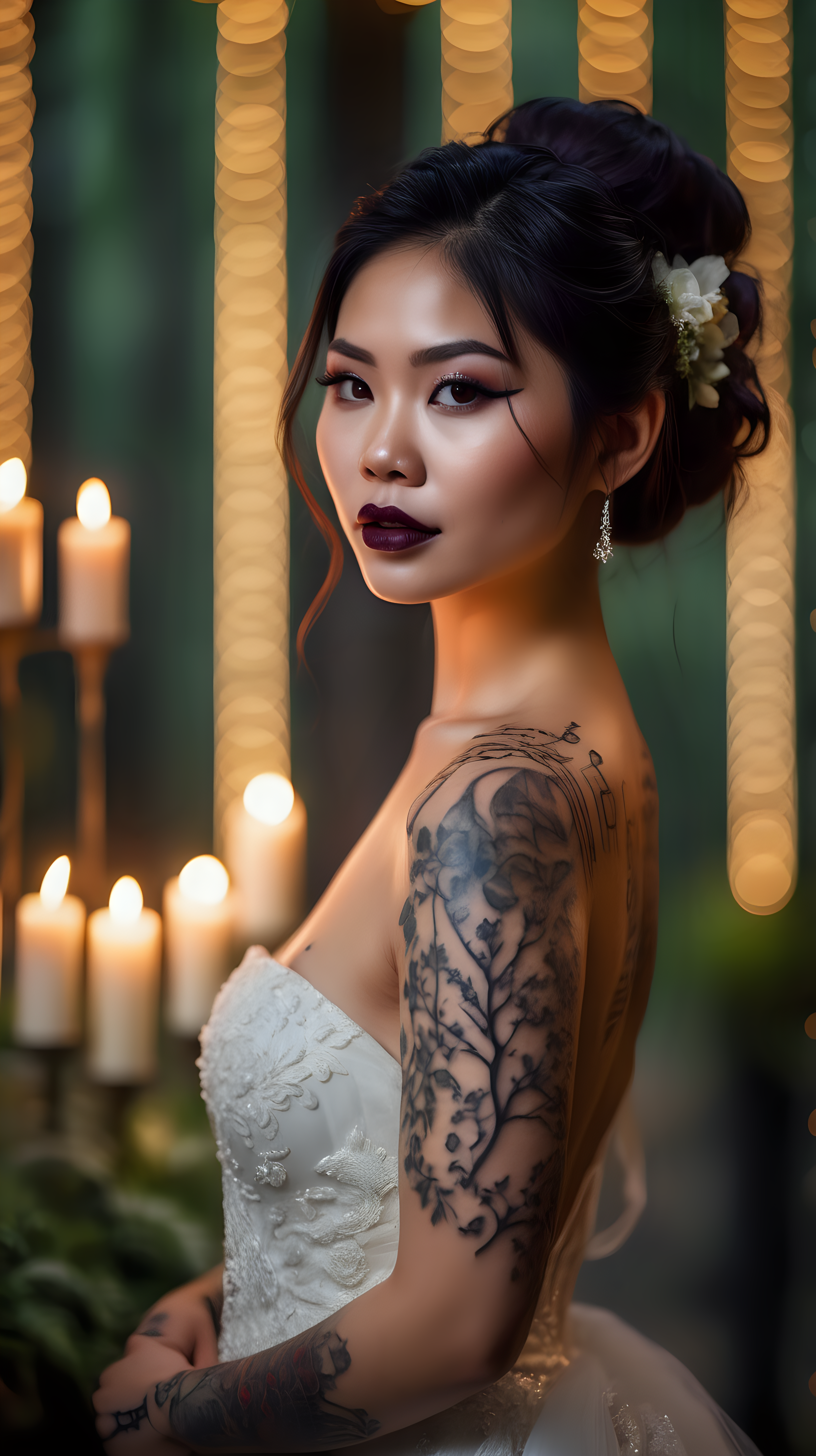 Beautiful Vietnamese woman, body tattoos, dark eye shadow, dark lipstick, hair in a messy updo, wearing a gorgeous wedding dress, bokeh background, soft light on face, stand at a beautiful wedding arch in front of elaborate candlelit forest wedding, photorealistic, very high detail, extra wide photo
