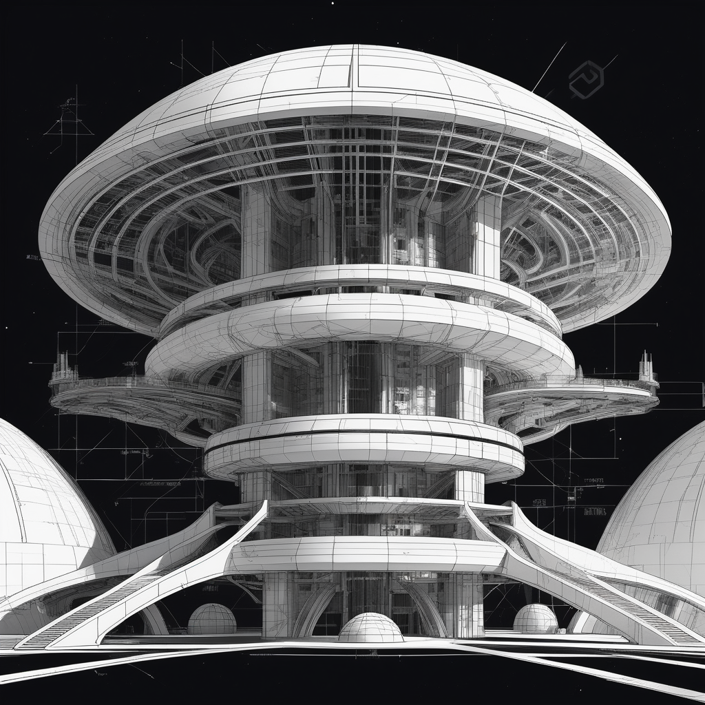 black and white blueprints of futuristic space mega