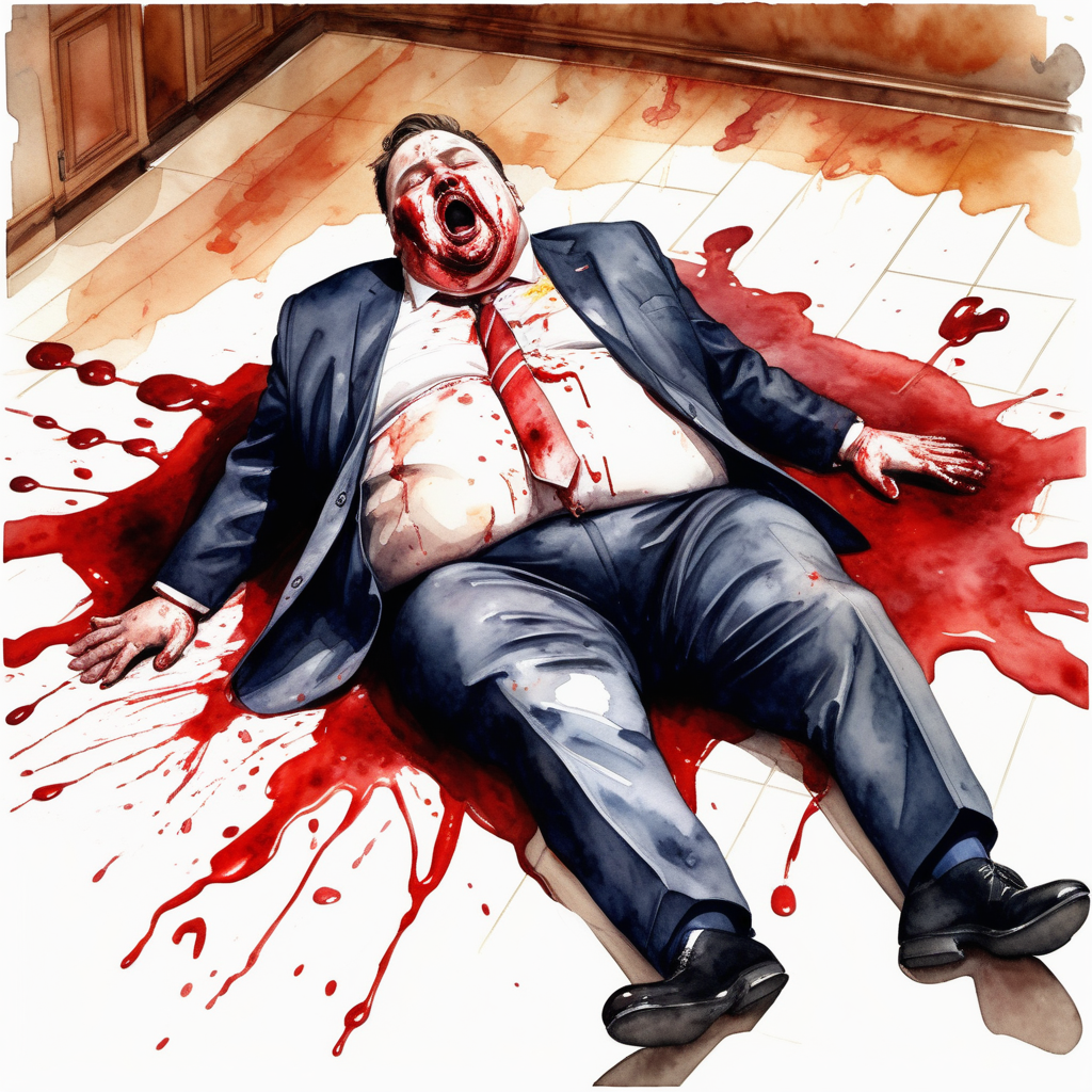 fat man in a suit and tie stained with blood lying on the floor of a room face up as if he were dead with his mouth open and eyes bulging, image based in watercolor paint.