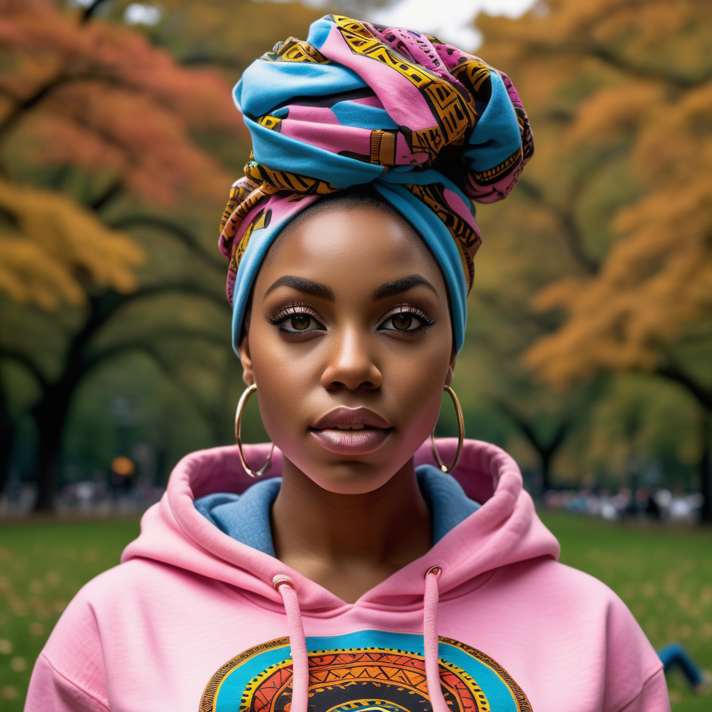 Beautiful Black woman with tribal markings on her eyes and forhead, wearing a multi color African headwrap and African print Skirt, cropped pink cotton hoodie that has a tie at the midsection, wearing denim with African print material  inside the pockets,  Vibrant images that represent African heritage, In Central Park, looking straight up into the sky, view looking straight down on subject from an aerial view 100 feet up, 4k, high definition, high resolution, light source from above right