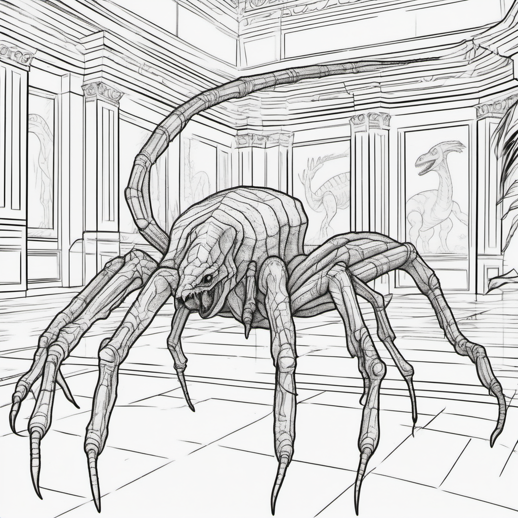 A dinosaur spider, in the building lobby, coloring book pages