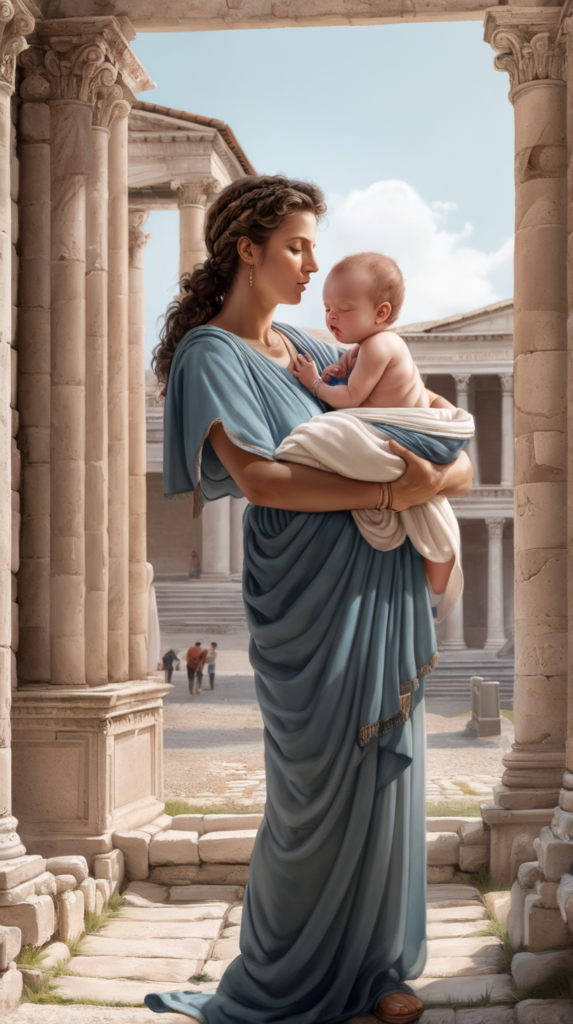 in front of the ancient Roman palace, a mother is holding a newborn child
