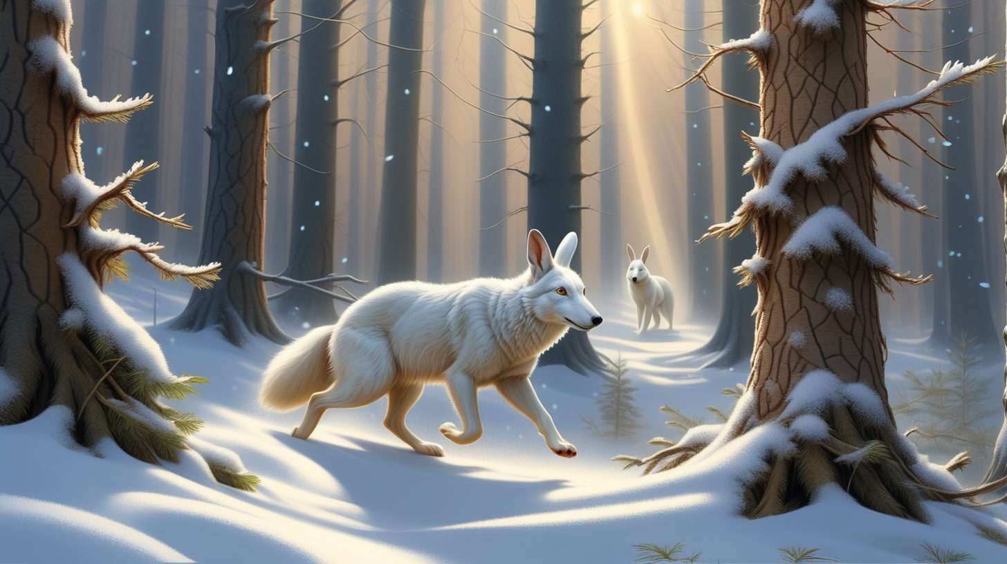 В лесу зима,  солнце светит ярко на синем небе, падает снег , снежинки кружатся в воздухе и ложатся на деревья высокие сосны, ели, дубы  и  на землю, образуют огромные сугробы. бегут  много разных зверей: белые зайцы, серые волки, коричневые медведи, все они оставляют свои следы