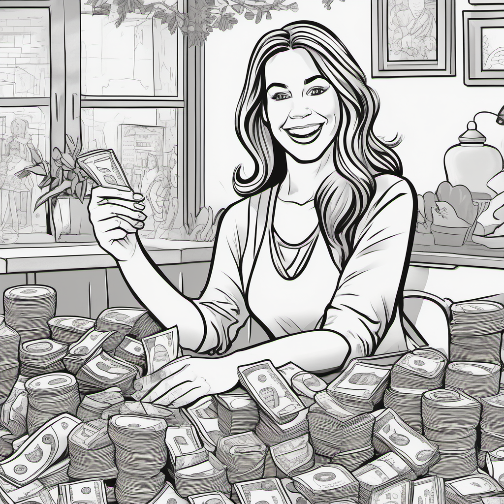 create an image without color for a kids' coloring book of a beautiful, 
happy woman counting money


