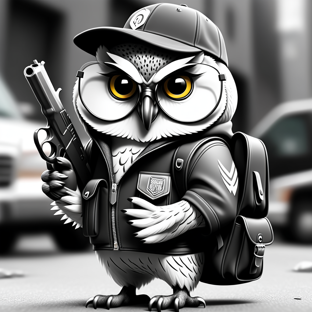 draw a street gangster owl wearing a backpack while holding a 9mm in black and white