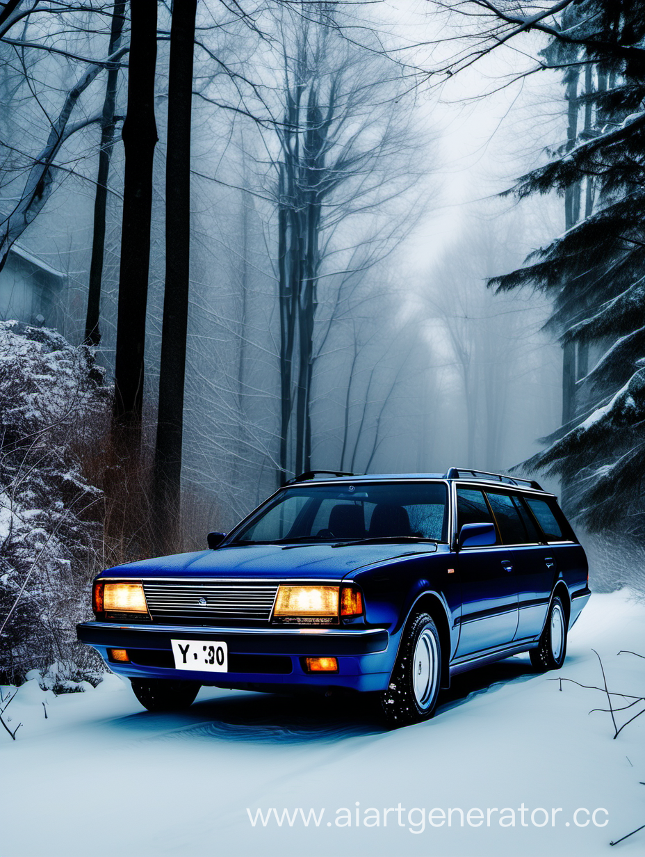 nissan cedric y30 wagon темно синего цвета в зимнем лесу