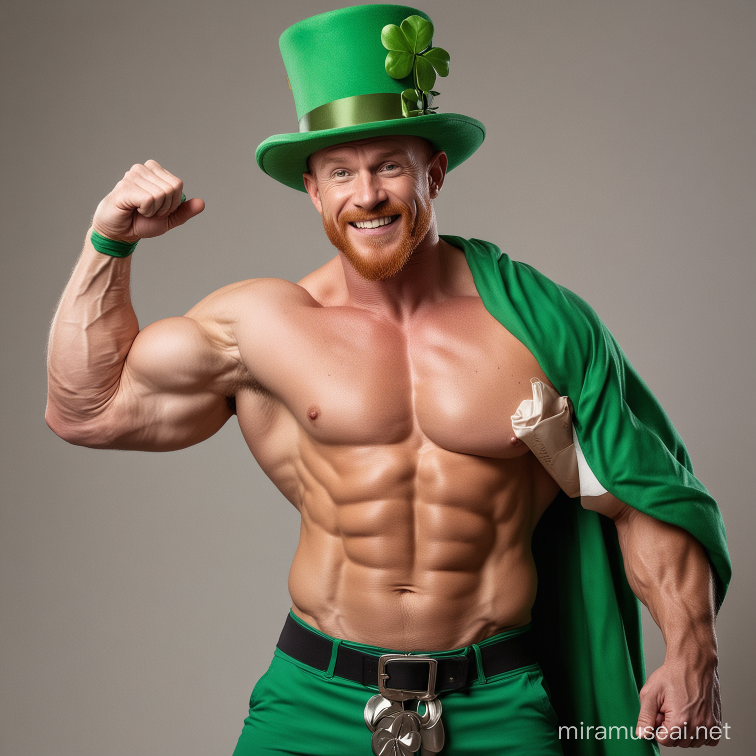 PixarStyle Beefy Topless Irish Leprechaun IFBB Bodybuilder wearing unbuttoned Irish Green Attire Outfit Tall Green Hat Flexing his Big Strong Arm and Holding Irish Shamrocks