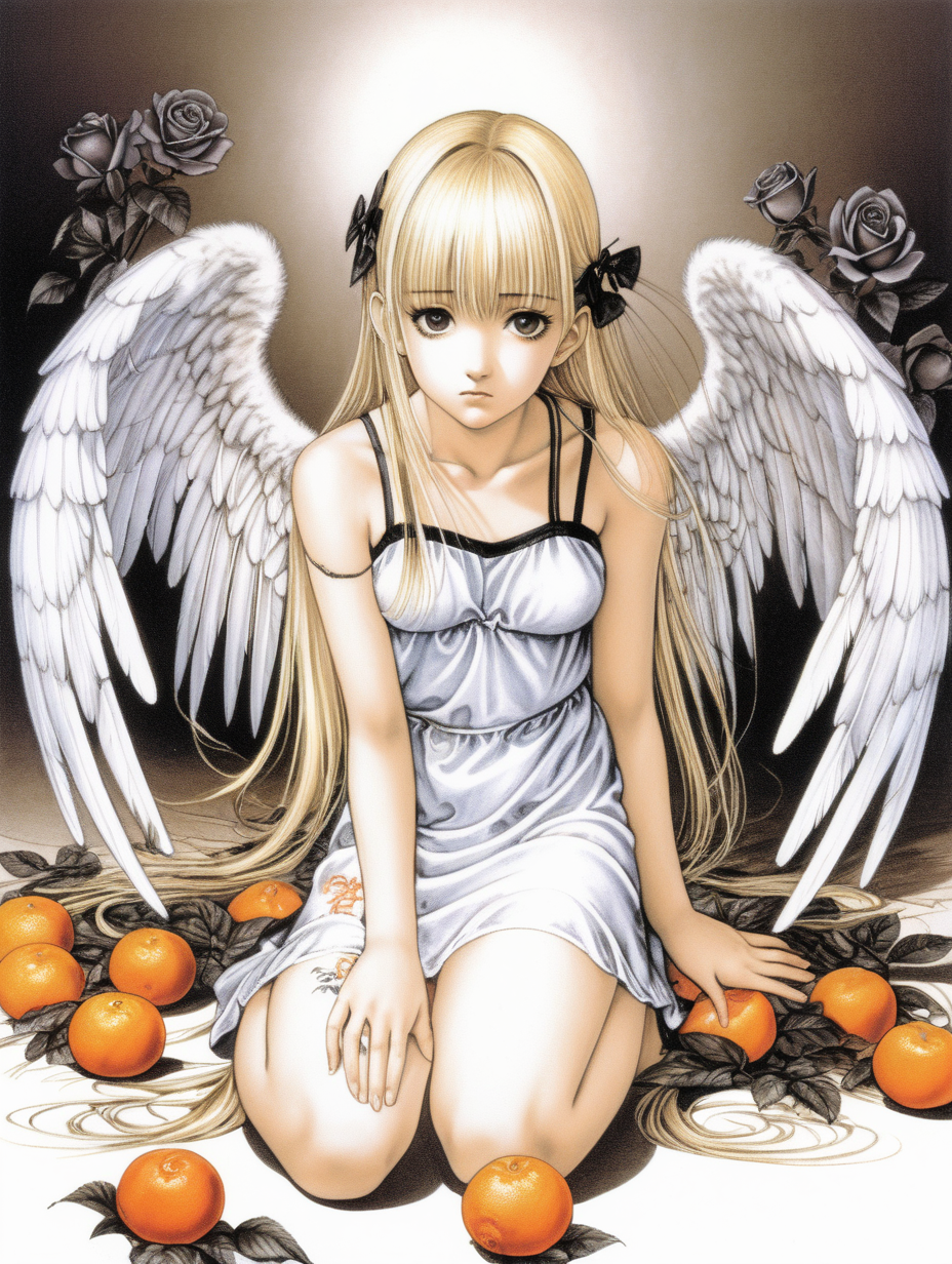 Chica angel con alas dibujada al estilo de Range Murata sentada en el suelo sosteniendo una mandarina con las dos manos. Tiene un vestido blanco corto con tirantes simple, el pelo largo rubio y los ojos negros. A su lado crecen rosas marchitas. La ilustracion es del estilo de Takeshi Obata. La luz es tetrica, esta hecho en perspectiva aerea.