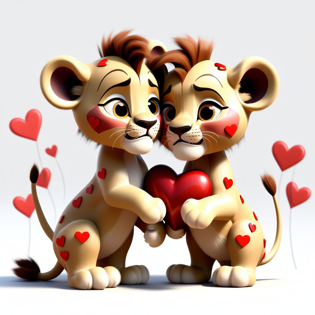 Pixar 3D Love-Struck Lion Cubs" clipart featuring adorable lion cubs wearing heart-patterned bows, playfully nuzzling against a pristine white background. Their expressions radiate innocent affection. --v 5 --stylize 1000