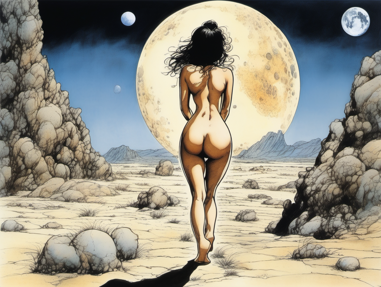 Lunar landscape with Milo Manaratype Asian woman showing