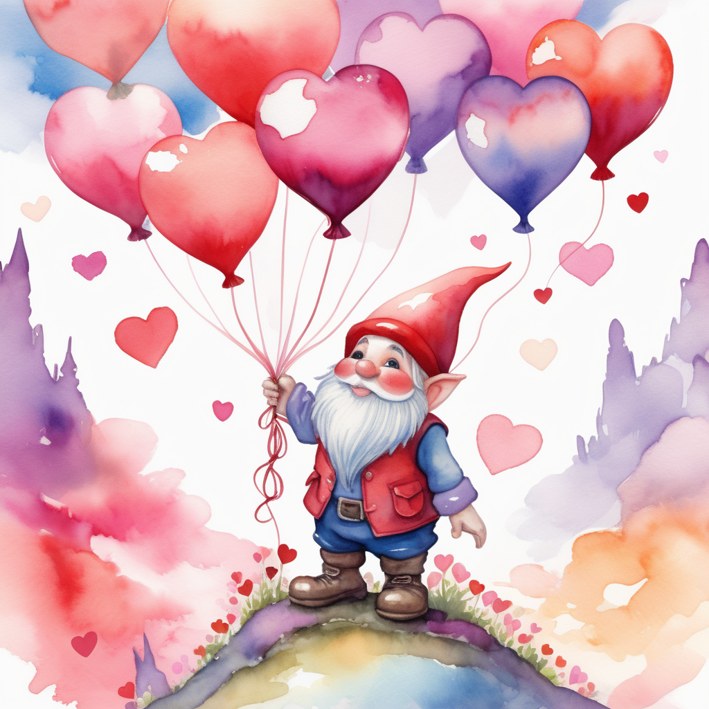 A watercolor rendering of a valentine-themed gnome, akin to the enchanting characters in "Up." Floating with heart-shaped balloons in a whimsical sky, the gnome explores a dreamlike landscape. The color palette is vibrant, with a mix of playful hues, enhancing the fantastical setting. The gnome's expression is filled with wonder, capturing the joy of adventure. The lighting features a soft, ethereal glow, creating a magical atmosphere that transports viewers to a world of love and imagination. --v 5 --stylize 1000