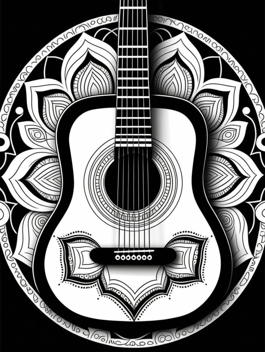 acoustic guitar inspired mandala pattern, black and white, fit to page, children's coloring book, coloring book page, clean line art, line art, no bleed