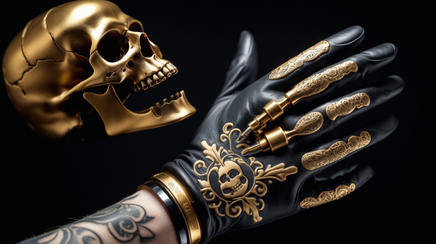 /imagine prompt : An ultra-realistic photograph captured with a canon 5d mark III camera, equipped with an macro lens at F 5.8 aperture setting, capturing a vintage tattoo machine ,The pattern of the skull is engraved on it's golden grip , placed in the hand wearing black nitrile gloves.
the hand is blurred and the focus sets on tattoogun's grip.
Soft spot light gracefully illuminates the subject and golden grip is shining. The background is absolutely black , highlighting the subject.
The image, shot in high resolution and a 16:9 aspect ratio, captures the subject’s  with stunning realism –ar 16:9 –v 5.2 –style raw
