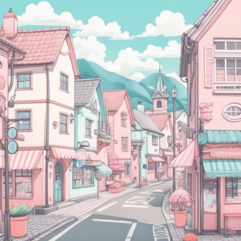 cute town background, hand drawn, anime, lofi, pastel