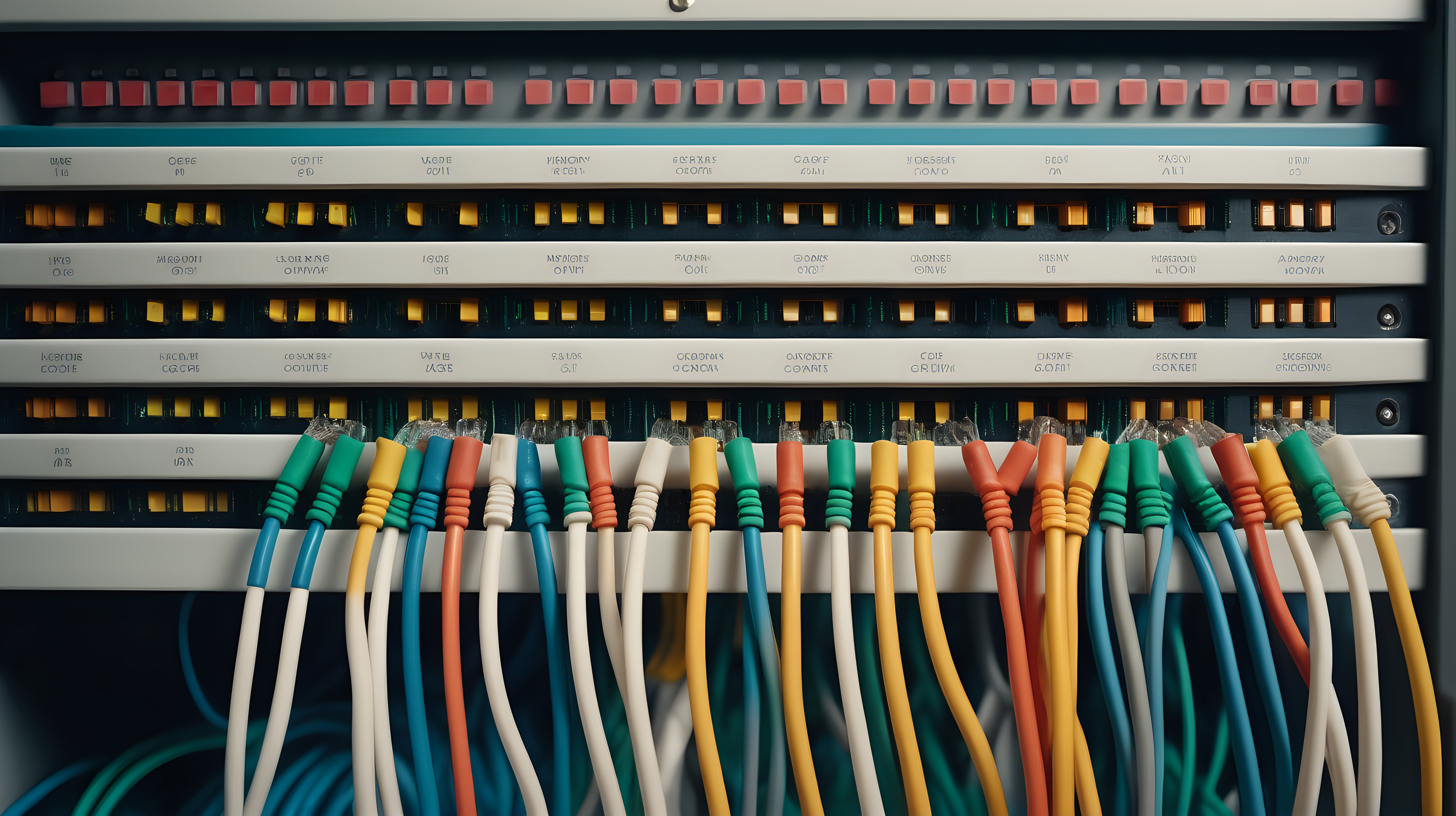 high quality close-up photograph of many data center network cables of various colors in the style of a wes anderson movie
