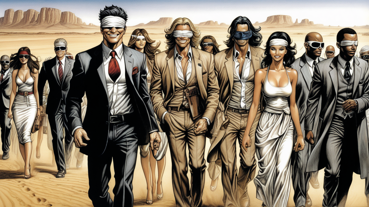 a blindfolded  man with a smile leading a group of gorgeous and ethereal white and black mixed men & women with earthy skin, walking in a desert with his colleagues, in full American suit, followed by a group of people in the art style of Lee Bermejo comic book drawing, illustration, rule of thirds