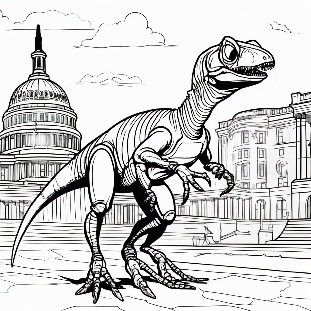 Ant dinosaur, in Washington D.C., dark lines, no shading, coloring pages