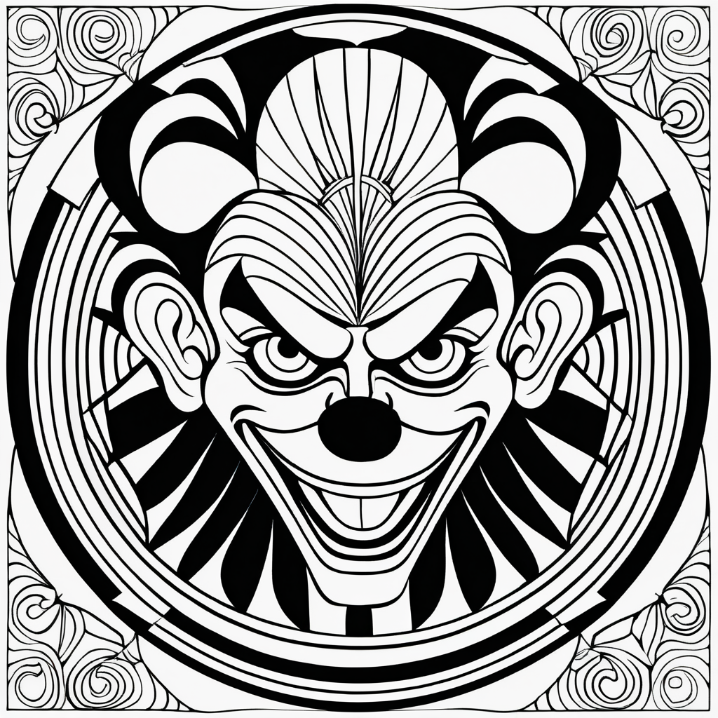 adult coloring page, black & white, strong lines, symmetrical mandala, evil clown in style of picasso