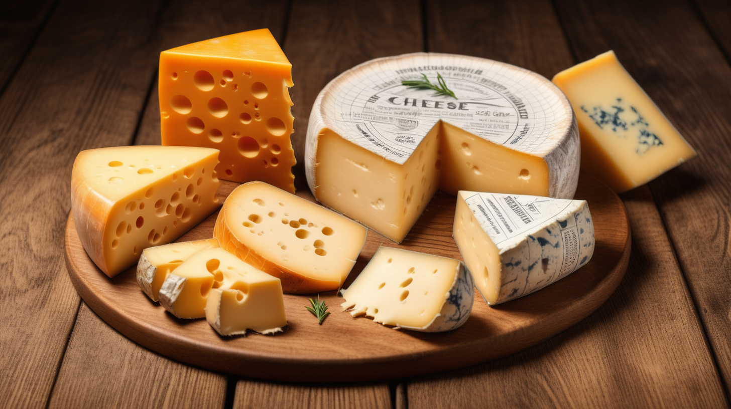 cheese shop, type of cheese, circles, halves, quaters of cheese on wooden table, isolated on background