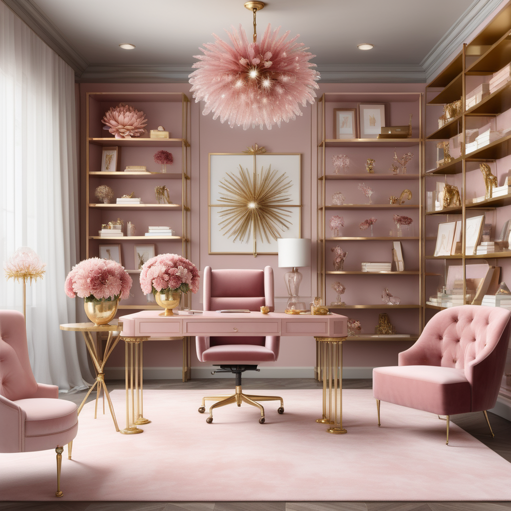 hyperrealistic image of an elegant home office interior with floor to ceiling brass shelves  full of trinkets and books, a bouquet of crysanthemum, a crystal starburst chandelier, a pink velvet chair with brass legs in a brass, ivory and dusty rose colour palette