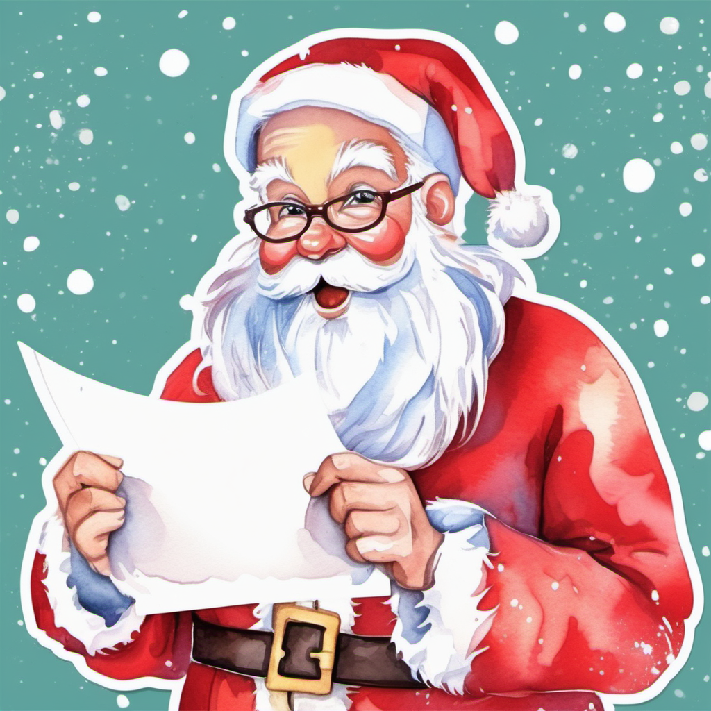 Sticker, Santa Claus with a List of Nice Kids, Checking 
it Twice, watercolor clipart, vector image, flat white 
background