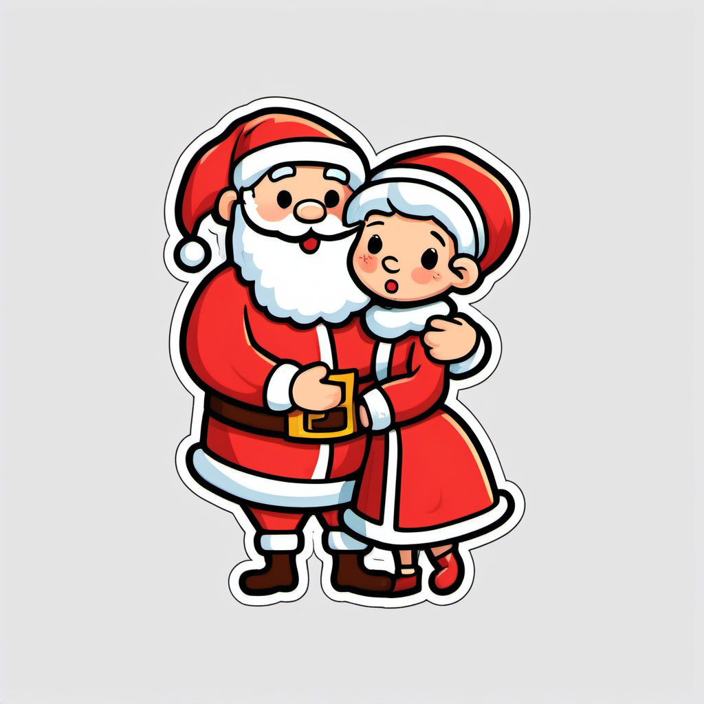 Sticker, Santa Claus and Mrs. Claus Sharing a Warm 
Hug, cartoon clipart, vector image, flat white 
background image, flat white background