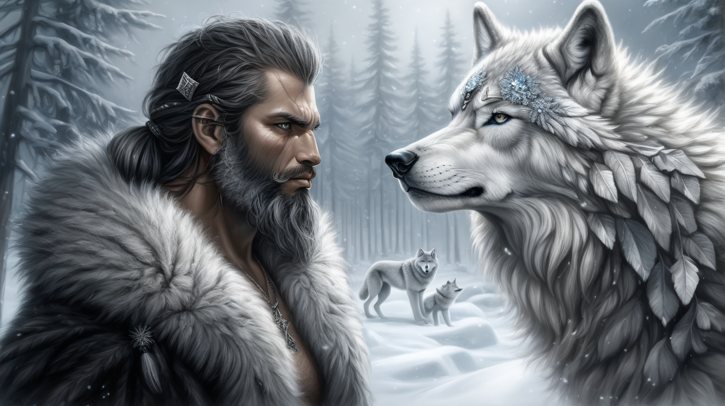 Powerful man with wolf, huge white wolf, powerful man with white wolf, man with beard and beautiful long black hair, crystals and sound waves,