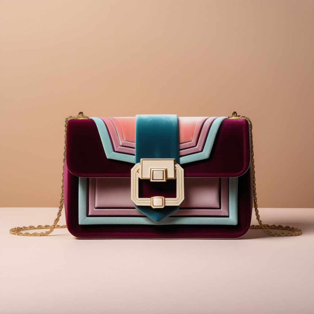 Neoclassic inspired luxury small velvet bag with flap and metal buckle- geometric shape - frontal view - color contrast borders - pastel colors - Burgundi shades