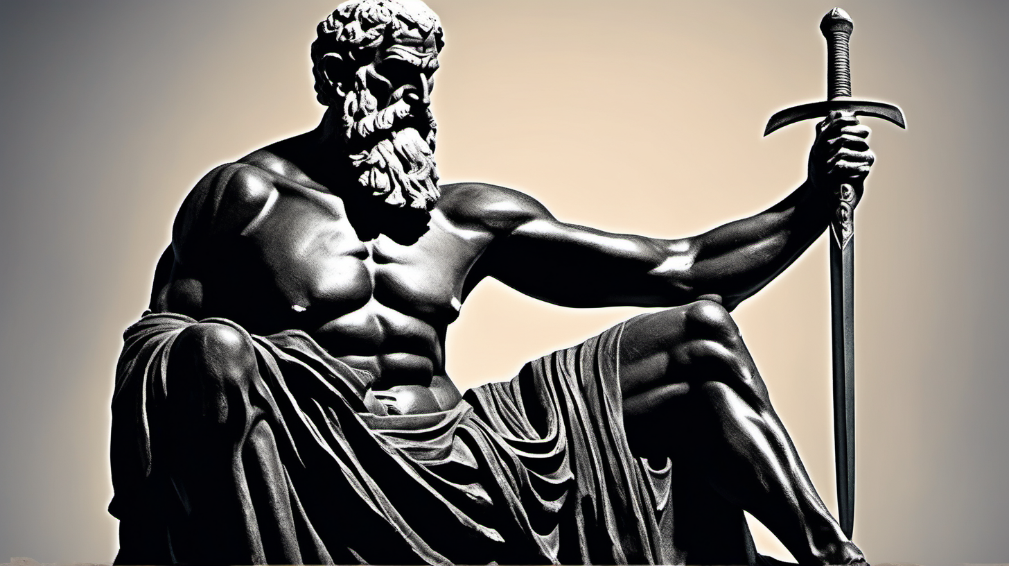 Create an image of a Greek elderly muscular man depicted as a black statue. The background should be dark, and the man is sitting calmly with a long beard on his cheek, wearing a single shoulder cloth. Additionally, he should be holding a sword in his hand. Capture the essence of strength, wisdom, and tranquility in this classical and powerful portrayal.