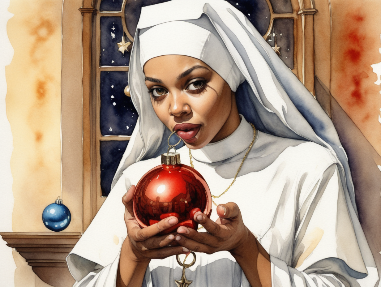 Sacristía, monja mulata joven y provocativa muerde bola de navidad, estilo Milo Manara,acuarela