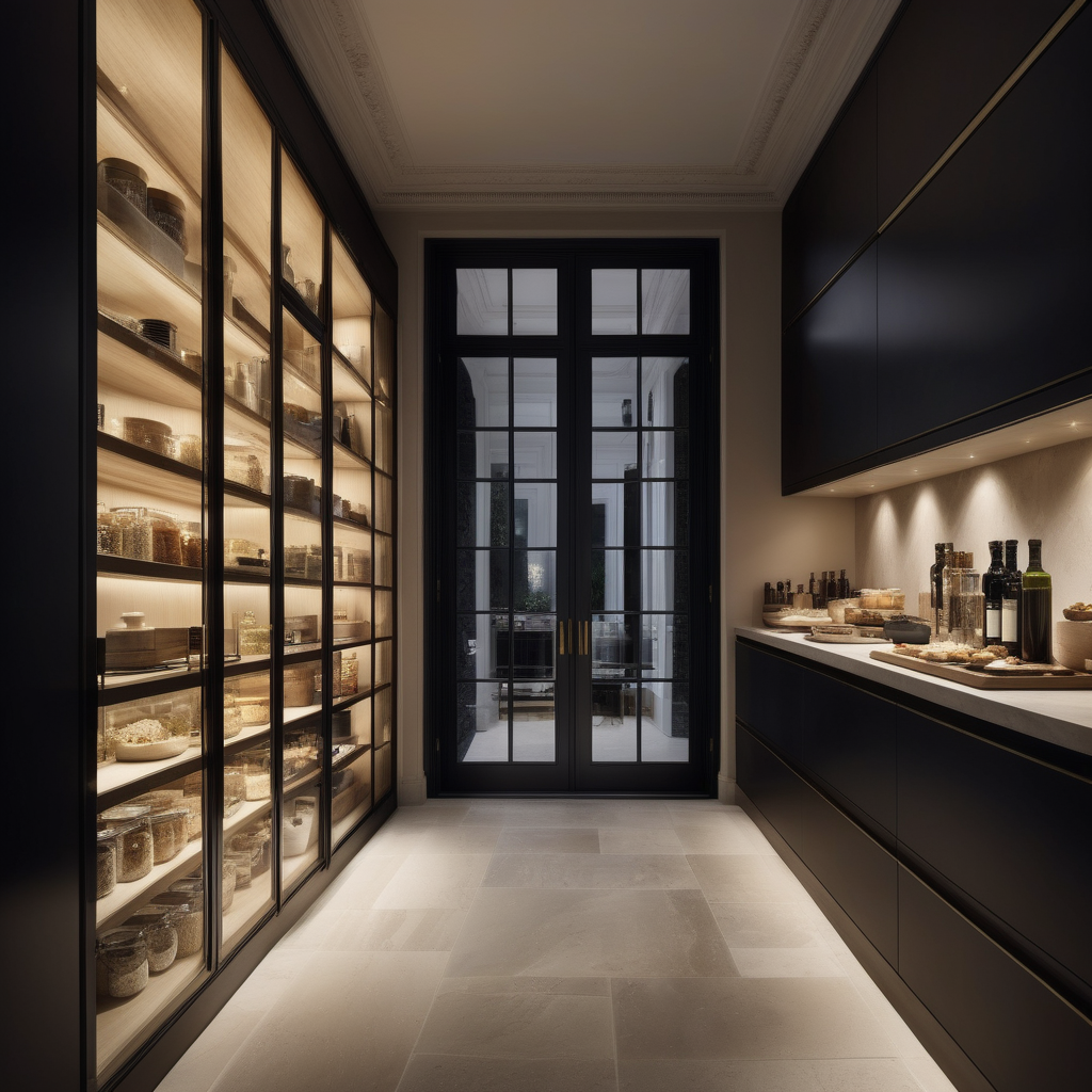 hyperrealistic of an elegant modern Parisian pantry at night; mood lighting;  Limestone flooring; glass window wall overlooking the adjoining kitchen; glass canisters of food; beige, oak, brass and black colour palette; --no neighbour houses

