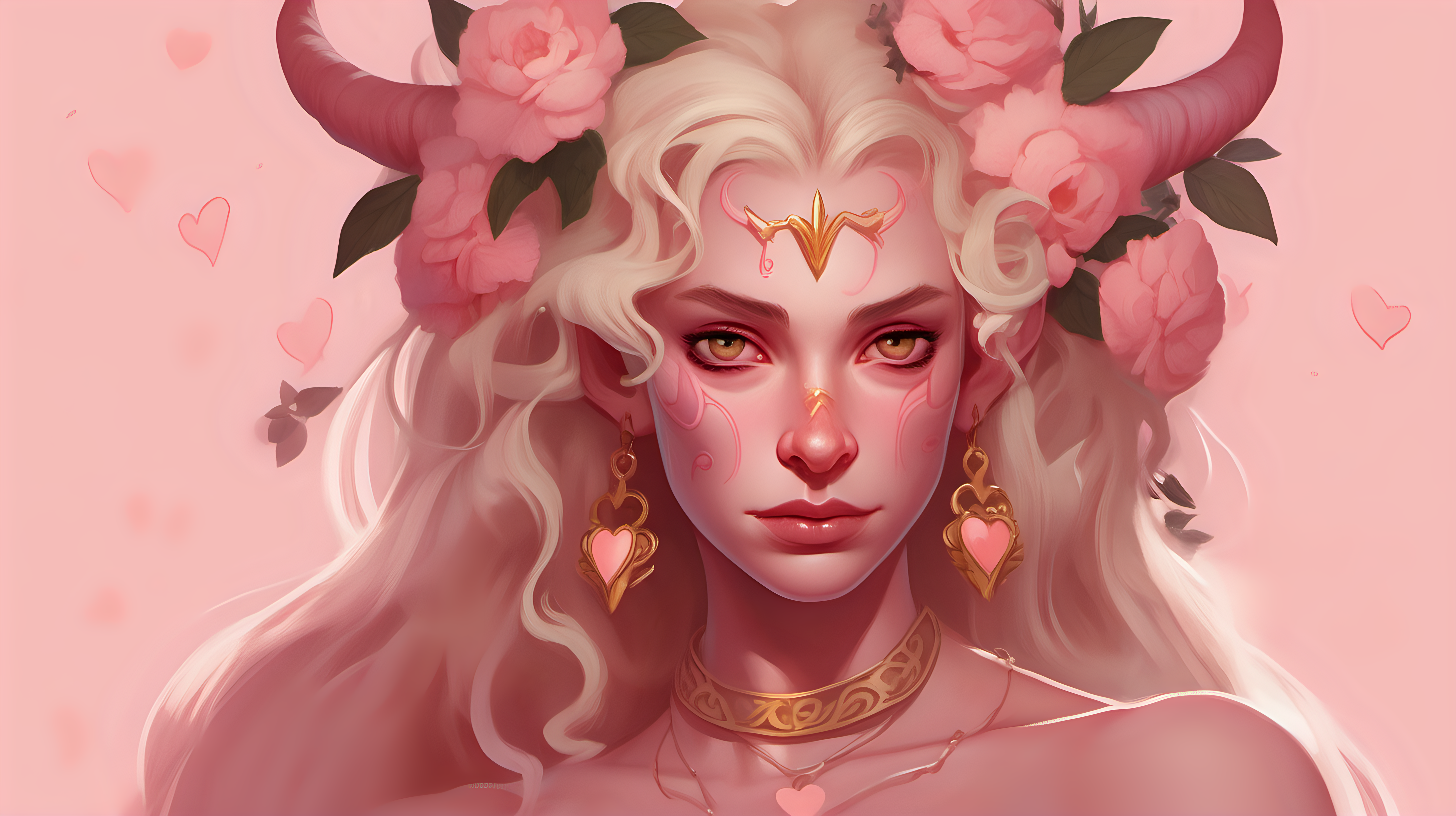 Tiefling woman with pink skin She has white