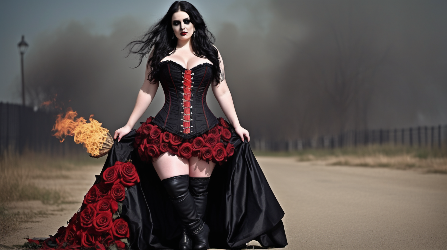 SLR quality. 30 yr old woman. 5ft tall size 22 clothes mummy tummy. Long black wavy hair. Black and red corset dress. Plus size. Black high heel boots. Fire skulls roses