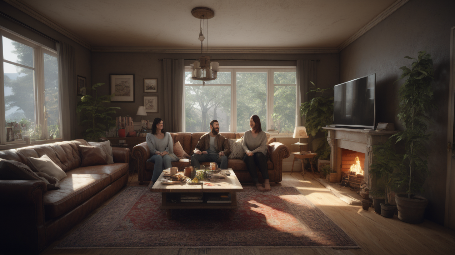 /imagine prompt: realistic, personality: [Cut to a medium shot a man and his wife, who smiles warmly at the camera. They exude a friendly and enthusiastic demeanor, inviting the audience to join them on this journey. The cozy living room serves as the backdrop, enhancing the intimate atmosphere] unreal engine, hyper real --q 2 --v 5.2 --ar 16:9