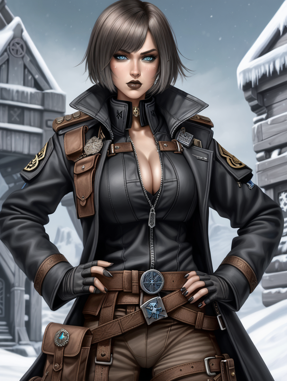 Warhammer 40K young very busty Commissar woman. She has an hourglass shape. She has a very short hair style similar to what Maya, from Borderlands 2, has. Dark black uniform. Dark brown belt has a lot of pouches, grenades, and a black holster attached. Dark brown bandolier around waist. Her dark black uniform jacket fits perfectly and is closed up. She has a lot of eye shadow. Background scene is snowy trench line. She has icy blue eyes. Her uniform has Norse runes. She is wearing warm clothes. Valk nut rune is on collar of her black jacket. She has slightly faded greyish matte lipstick. She has faded brown hair with grey hair tip highlights. She is wearing skin tight mud brown colored pants.