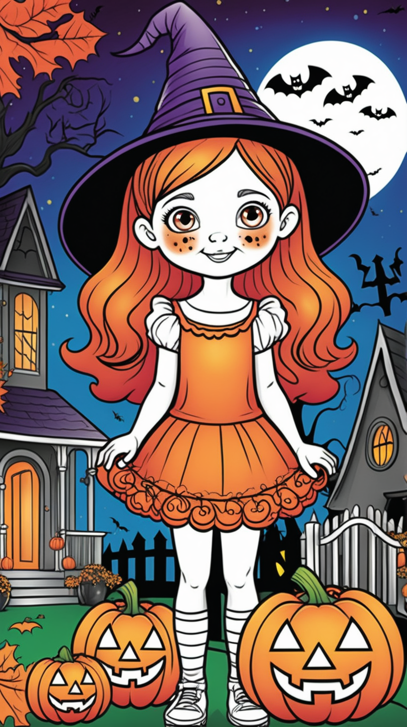 Cover of a children's coloring book: girl at a Halloween party, full color  