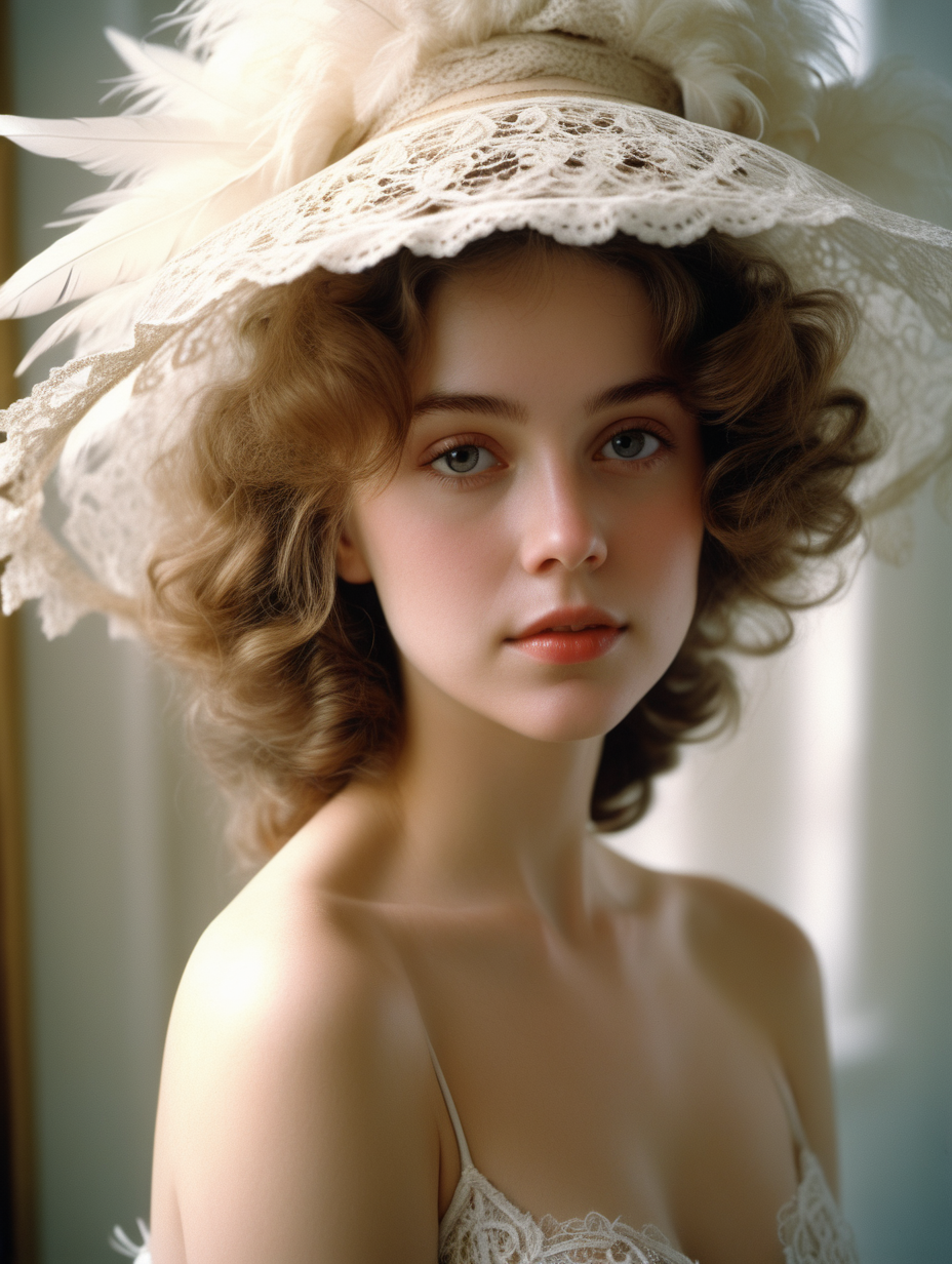 <lora:FilmVelvia3:0. 6>, masterpiece, best quality, 1girl, solo, sexy pose, pensive woman, intricate lace, feathered hat, curled hairdo, pale skin, minimal makeup, tender smile, dainty neckline, nostalgic atmosphere, still life, bikini