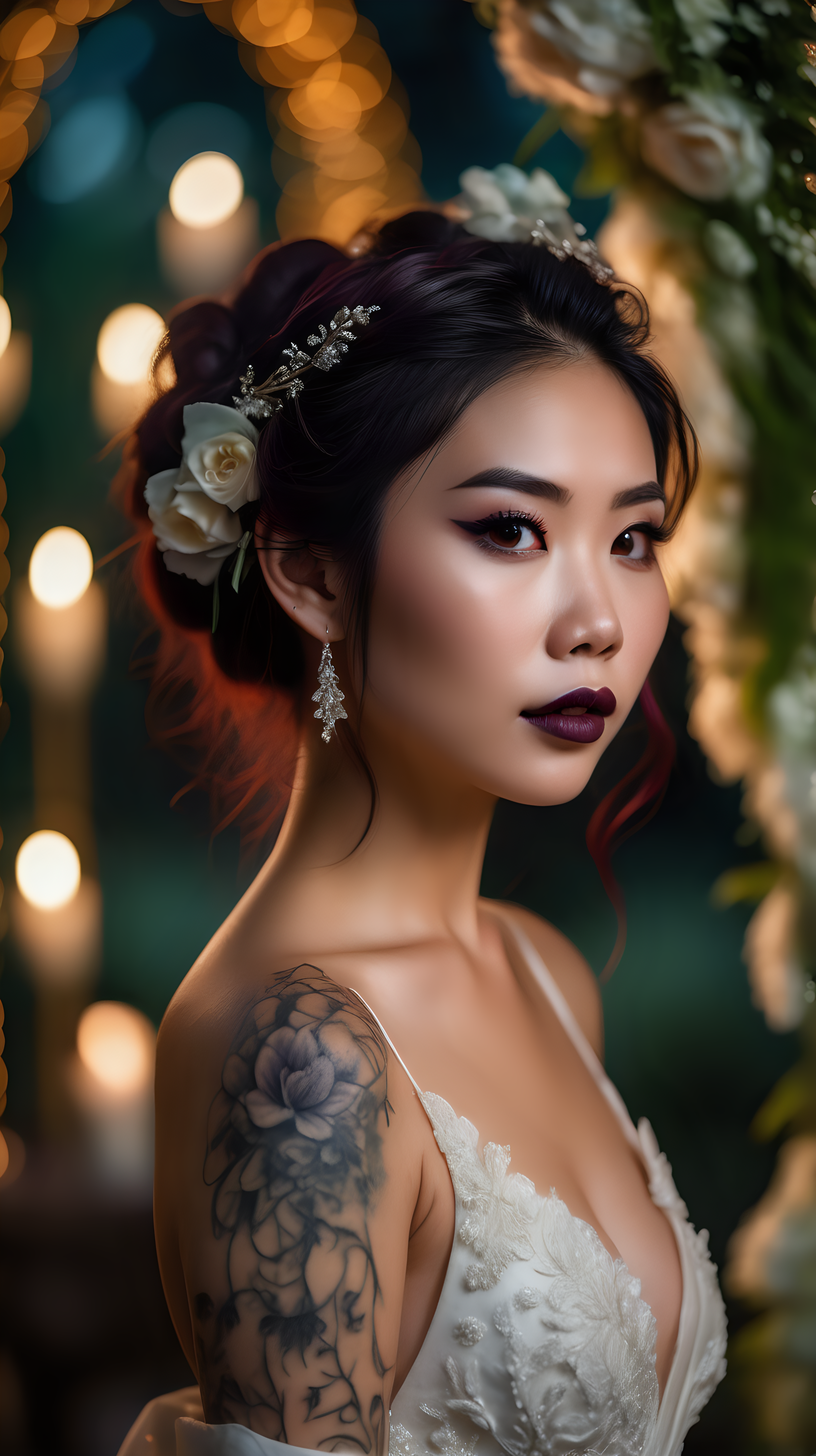 Beautiful Vietnamese woman, body tattoos, dark eye shadow, dark lipstick, hair in a messy updo, wearing a gorgeous wedding dress, bokeh background, soft light on face, stand at a beautiful floral archway in front of elaborate candlelit forest wedding, photorealistic, very high detail, extra wide photo,under the moonlight 