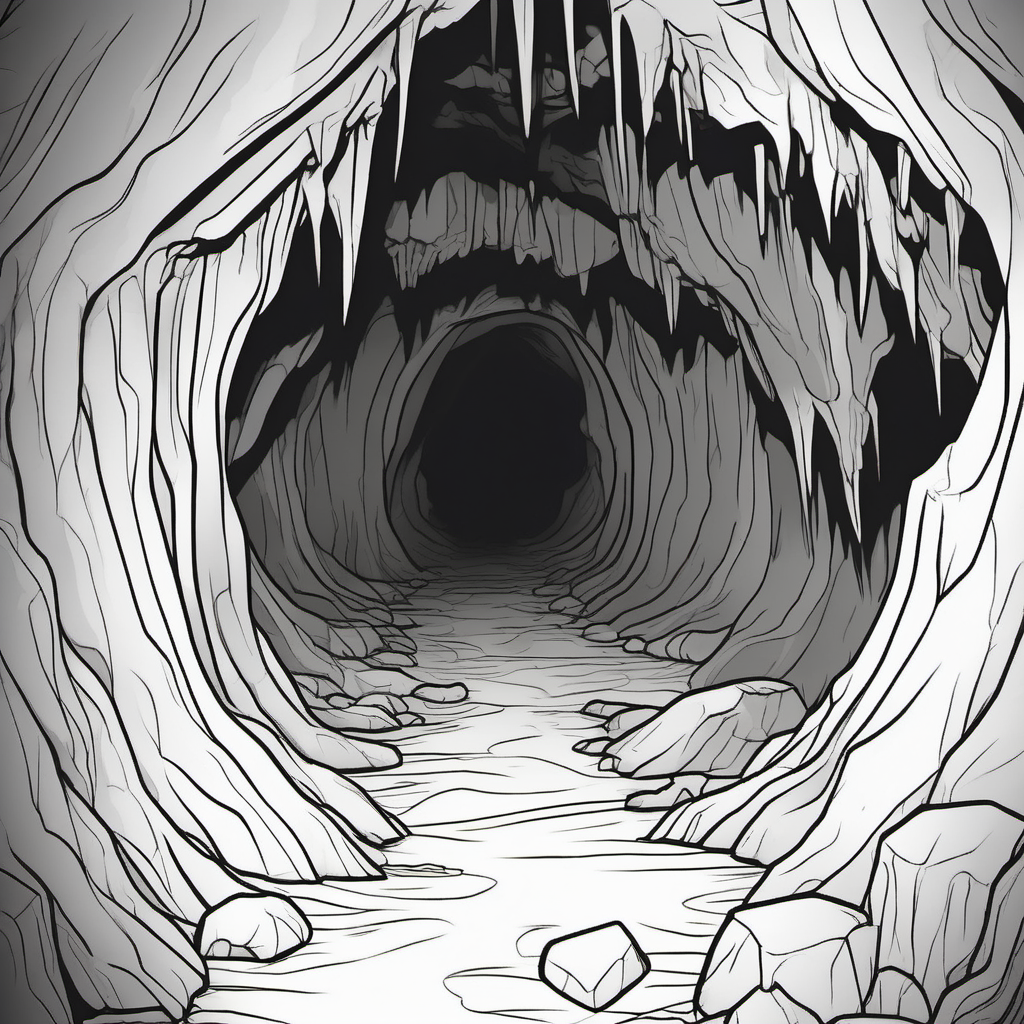 scary dark cave, dark lines, no shading, coloring book pages