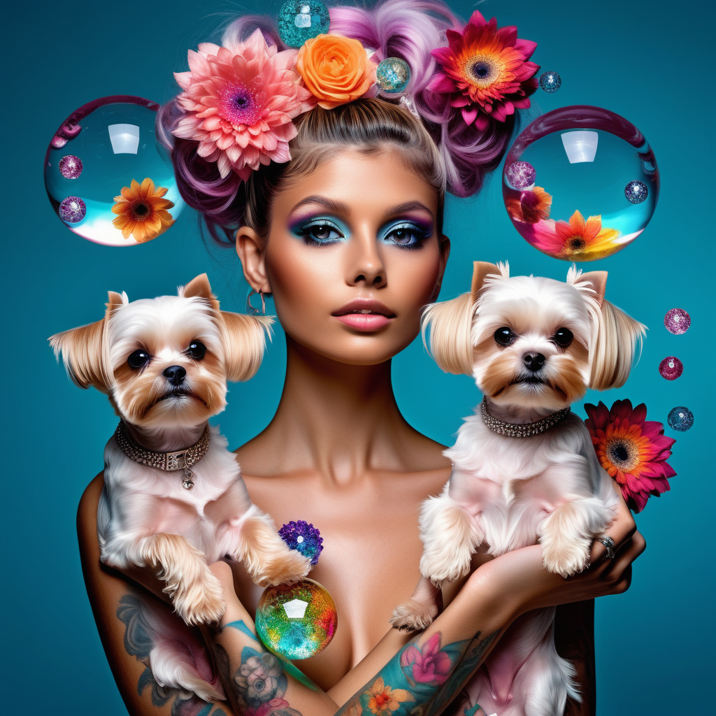 abstract floating elegant crystal orbs , fashion 
model 
holding YORKIE TERRIER and Maltese dogs,   ,Model with soft colorful exotic flowers
 the colors leak into her hair. add 10 crystal balls floating in the air add tattoos on her arms and shoulder