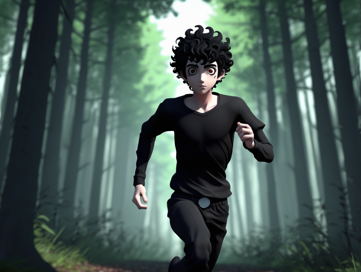 3d, anime, male, running in the forest, run from a dark shadow figure, front view, short black curly hair, black gauge earrings, thick black eyebrows, black eyes, emo, forest low light
