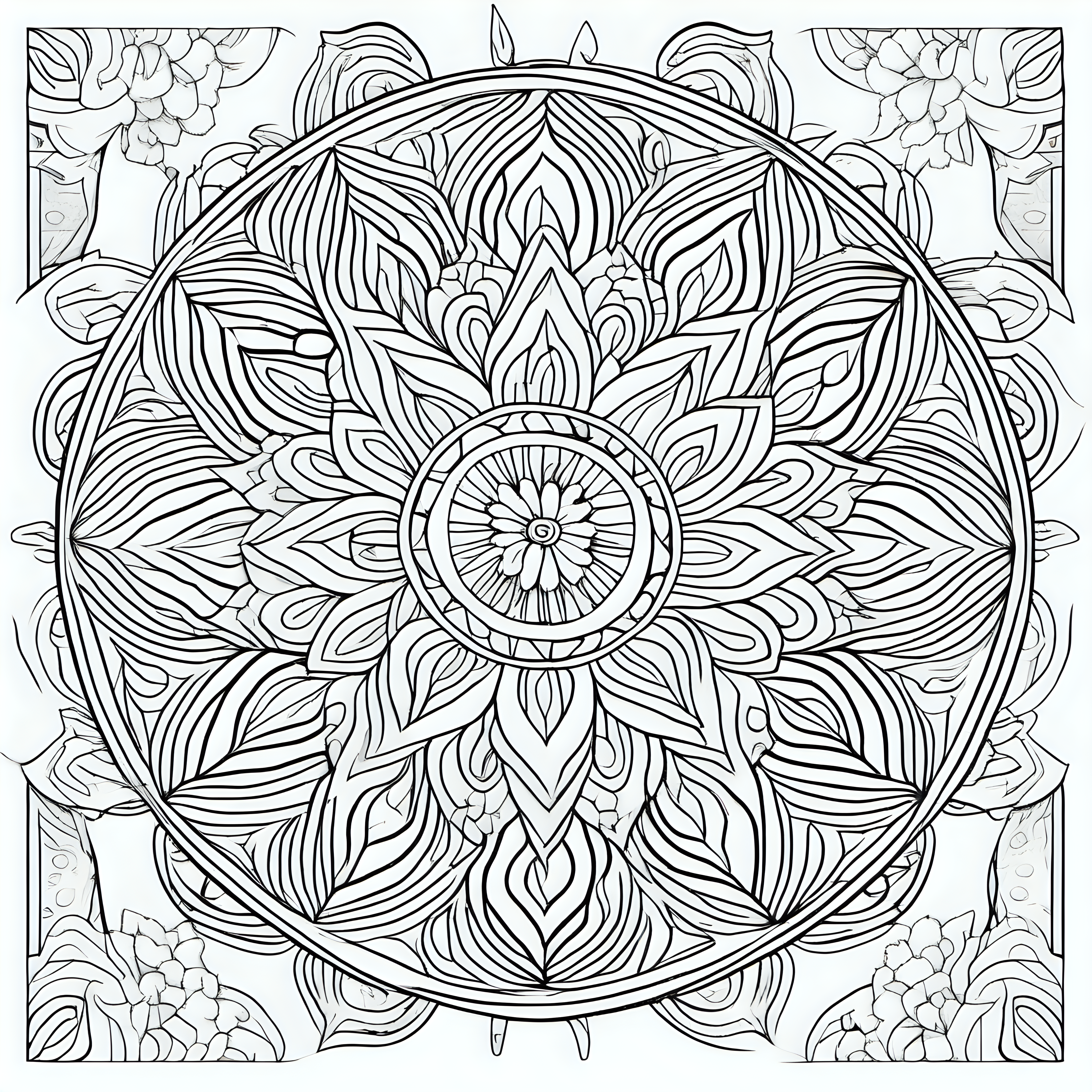 coloring page for adults, mandala for adults, unique floral mandala, thick lines, simple, line art, full length view –s 750 –v 5.1