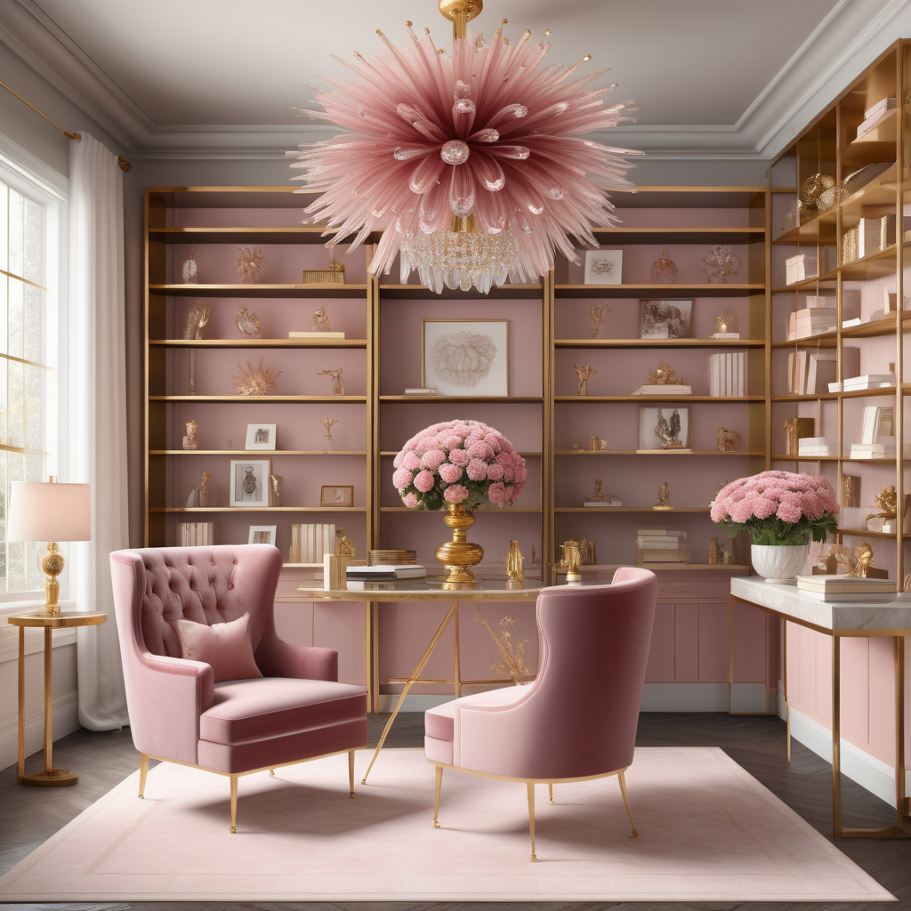 hyperrealistic image of an elegant home office interior with floor to ceiling brass shelves  full of trinkets and books, a bouquet of crysanthemum, a crystal starburst chandelier, a pink velvet chair with brass legs in a brass, ivory and dusty rose colour palette