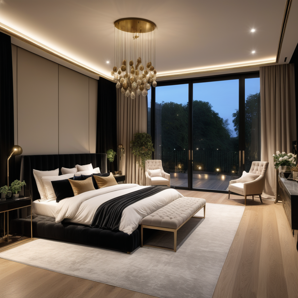 hyperrealistic of an elegant, paltial modern Parisian master bedroom at night with king bed; oak flooring; floor to ceiling windows with a view of the sprawling lush gardens; curtains; mood lighting; beige, oak, brass and black colour palette; modern brass pendant light; rug; modern glass fireplace;
