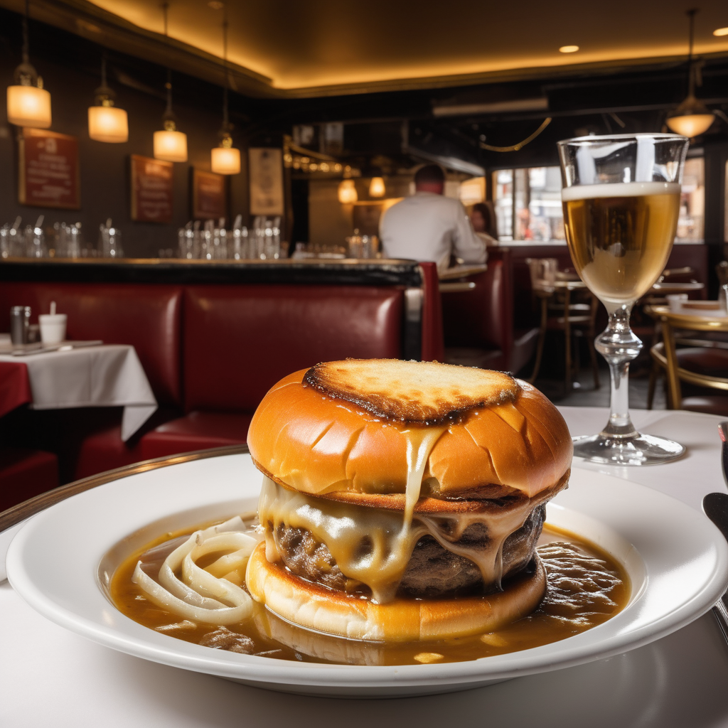French restaurant with french onion soup with a burger floating in it

