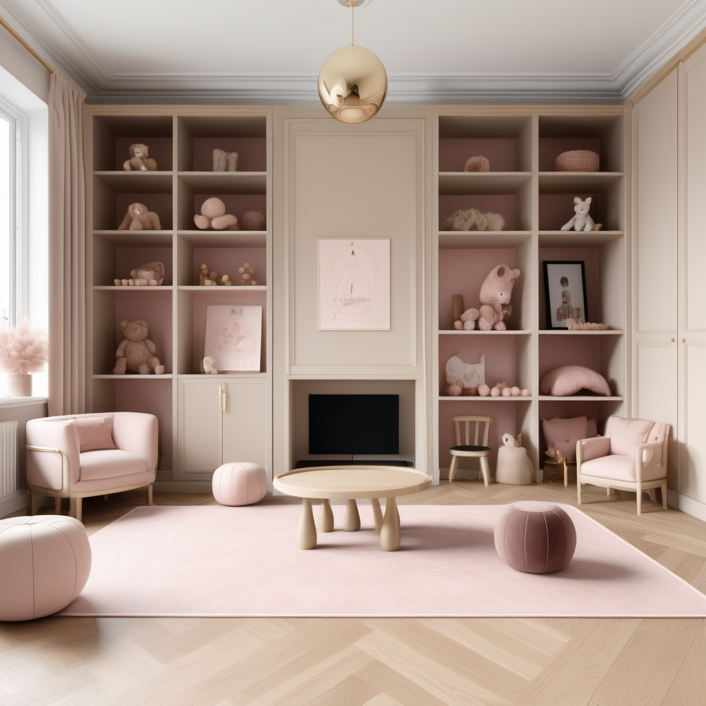A hyperrealistic image of a luxurious modern Parisian Montessori-inspired play room in a beige oak brass colour palette with accents of black and dusty rose