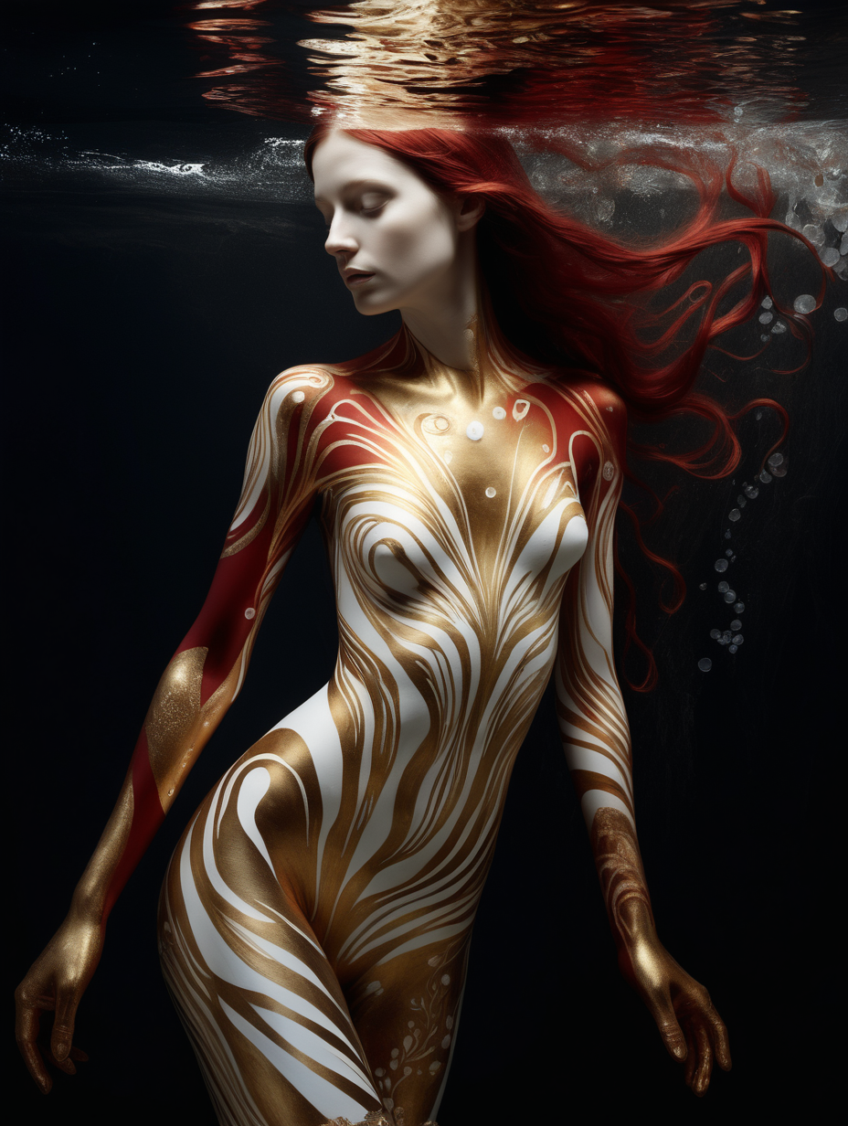 human by juliane schreiner, in the style of intricate underwater worlds, flowing fabrics, dark golden red and light white, intricate body-painting, ultrafine detail, nature-inspired motifs --ar 3:4 --s 750 --v 5. 2 --style raw