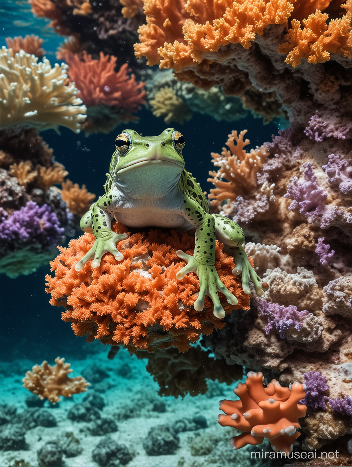 Colorful Sea Frog Swimming with Coral Reef Friends