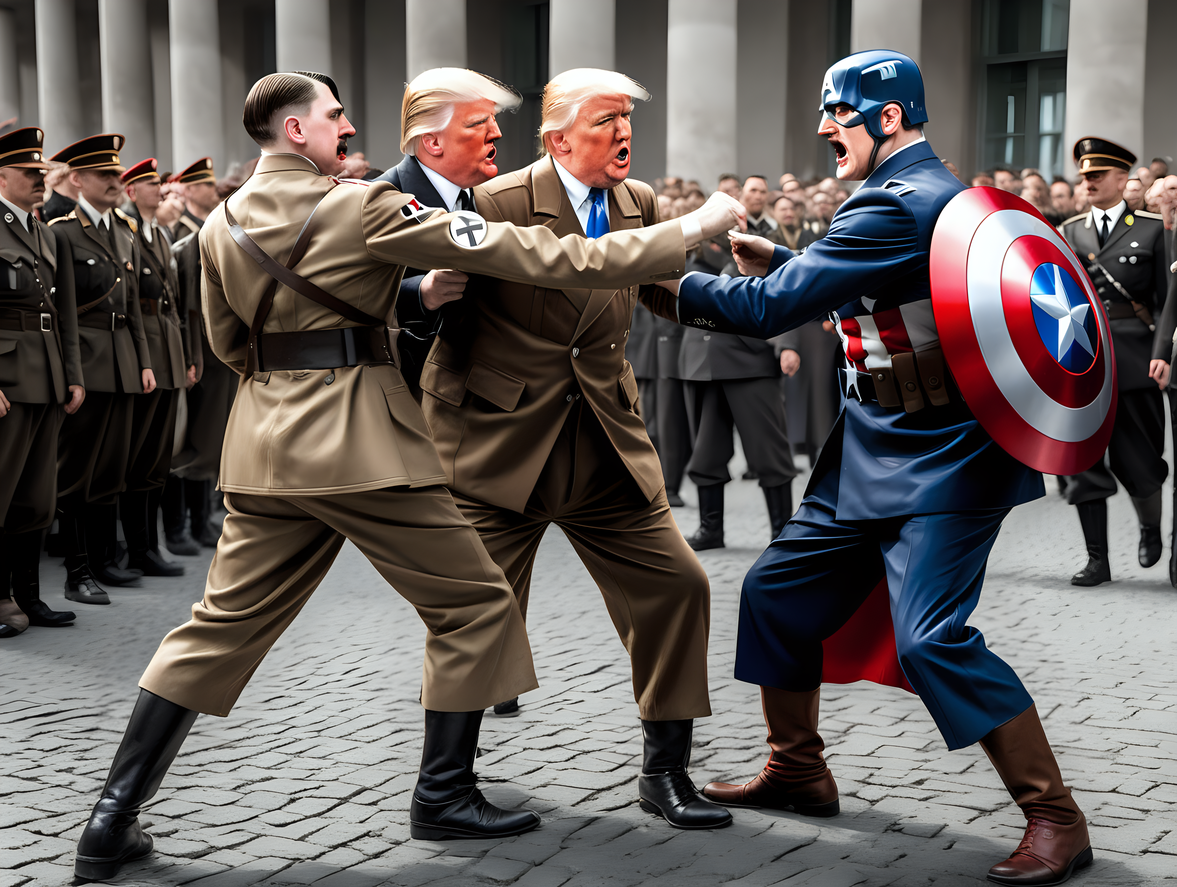 Hitler and Donald Trump in a Nazi uniform fighting Captain America in Berlin