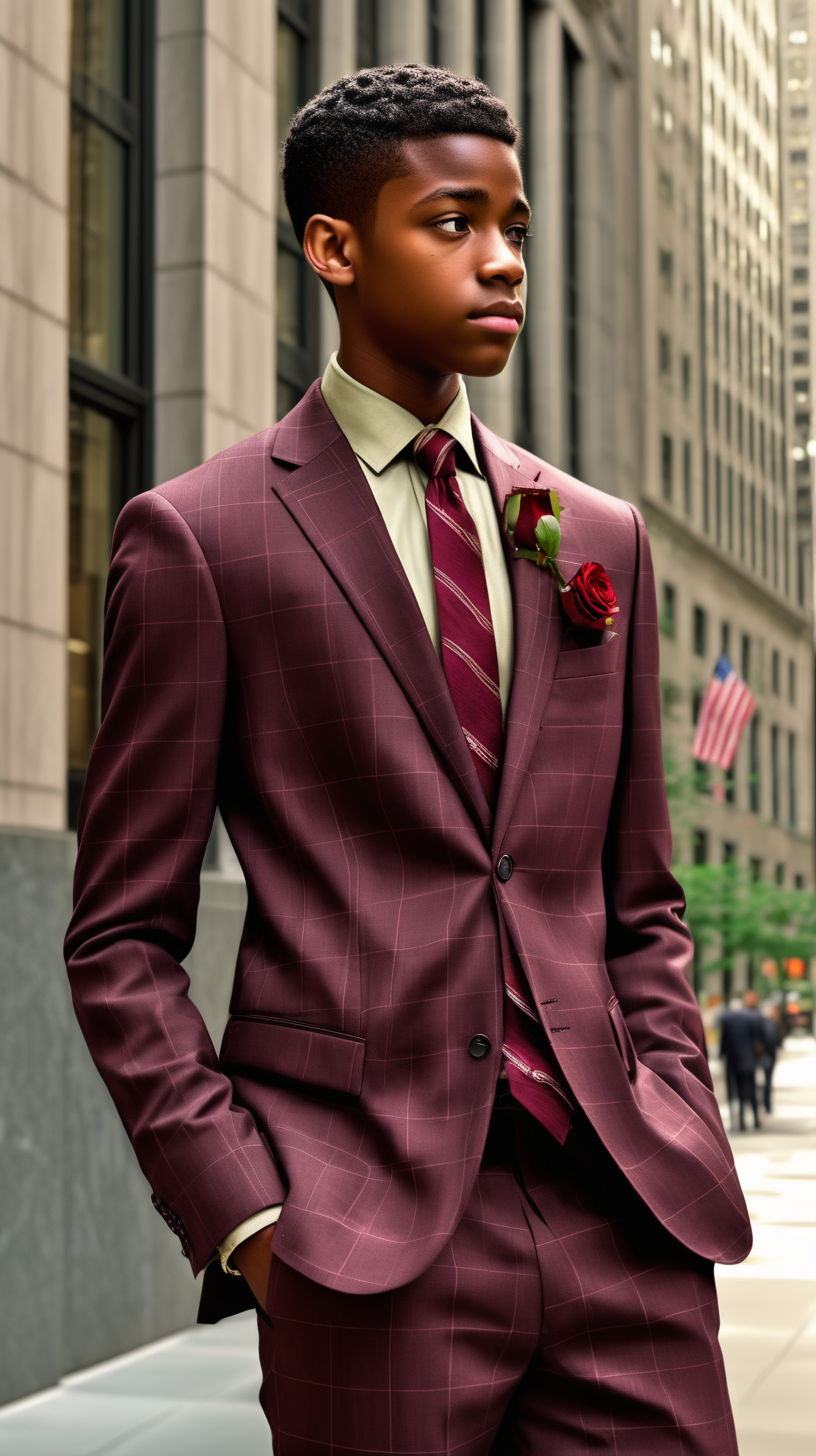 A handsome, intelligent black, male, teenager, with short hair, faded on the sides, wearing a Burgundy, Necktie, wearing a  Rose, dress shirt, wearing an Olive Green, Window Pane pattern, two peice, gently tailored suit, standing outside of a corporate building, on Walstreet, in Ultra 4K, High Definition, full resolution, hyper realism